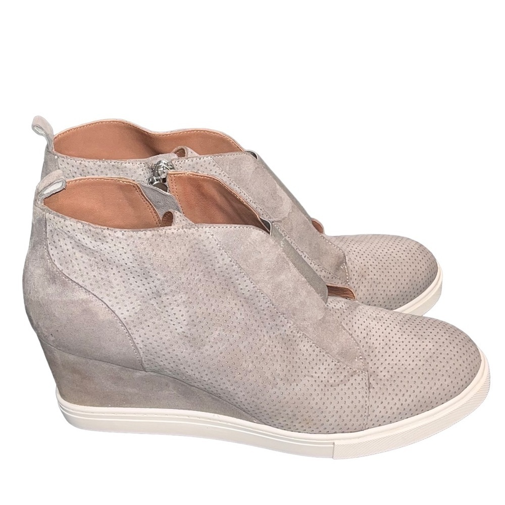 Linea Paolo Felicia Gray Perforated Suede Wedge Sneaker Booties